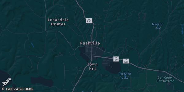 Map of Nashville, IN. The exact address of Mike's Dance Barn is not known, so the map shows the area rather than a specific building.