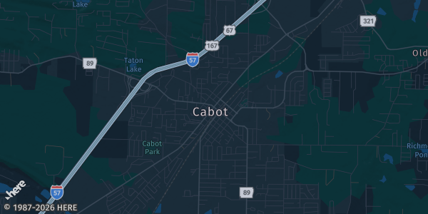 Map of Cabot, AR. The exact address of Veterans Park Event Center is not known, so the map shows the area rather than a specific building.