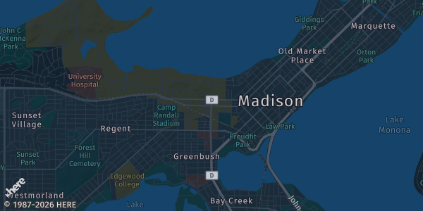 Map of Madison, WI. The exact address of Monona Terrace Community and Convention Center is not known, so the map shows the area rather than a specific building.