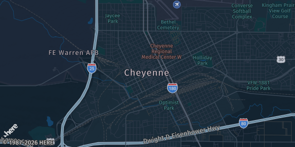 Map of Cheyenne, WY. The exact address of LCCC Union Pacific Centennial Rm 129/230 is not known, so the map shows the area rather than a specific building.