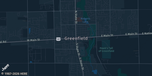 Map of Greenfield, IN. The exact address of Hancock County Fairgrounds is not known, so the map shows the area rather than a specific building.