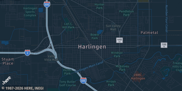 Map of Harlingen, TX. The exact address of Tsunami Sports is not known, so the map shows the area rather than a specific building.