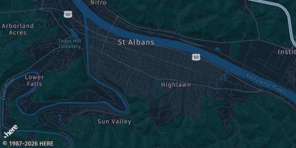 Map of Saint Albans, WV. The exact address of The Venue at the Loop is not known, so the map shows the area rather than a specific building.