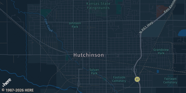 Map of Hutchinson, KS. The exact address of Kansas State Fairgrounds is not known, so the map shows the area rather than a specific building.