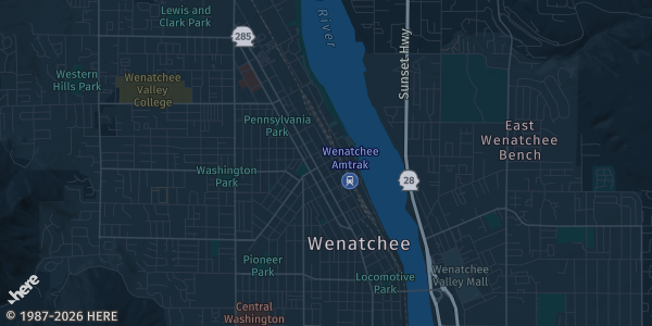 Map of Wenatchee, WA. The exact address of Pybus Public Market is not known, so the map shows the area rather than a specific building.