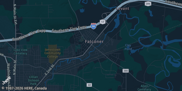 Map of Falconer, NY. The exact address of Falconer Moose Lodge is not known, so the map shows the area rather than a specific building.