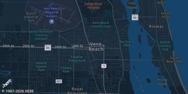 Map of Vero Beach, FL. The exact address of Jackie Robinson Training Complex Building 42 is not known, so the map shows the area rather than a specific building.