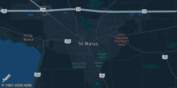 Map of St. Marys, OH. The exact address of St Marys Square is not known, so the map shows the area rather than a specific building.