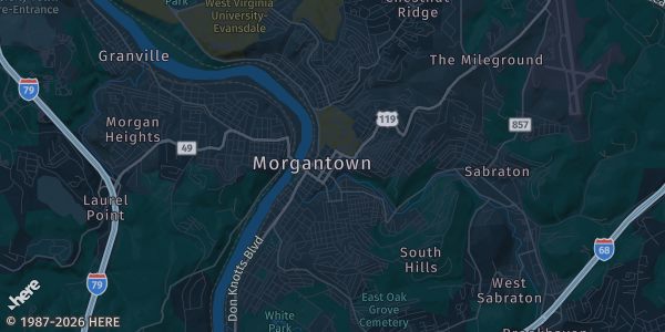 Map of Morgantown, WV. The exact address of Mountaineer Mall is not known, so the map shows the area rather than a specific building.