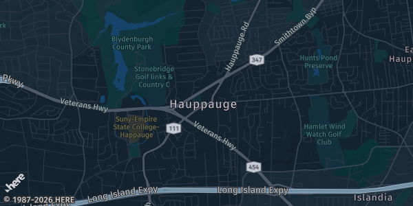 Map of Hauppauge, NY. The exact address of Radisson Hotel Hauppauge-Long Island is not known, so the map shows the area rather than a specific building.
