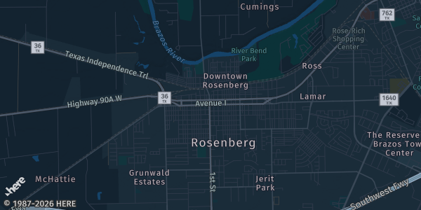 Map of Rosenberg, TX. The exact address of Fort Bend County Fairgrounds is not known, so the map shows the area rather than a specific building.