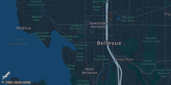 Map of Bellevue, WA. The exact address of Cardfest Northwest \| Bellevue \| is not known, so the map shows the area rather than a specific building.