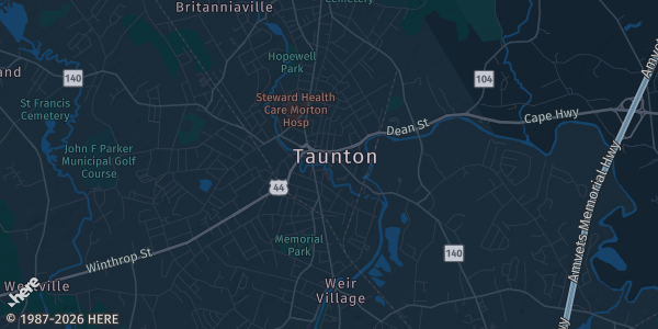 Map of Tauton, MA. The exact address of Tauton Conference Center is not known, so the map shows the area rather than a specific building.