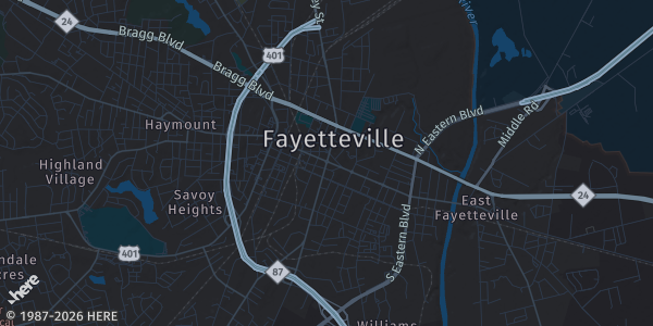 Map of Fayetteville, NC. The exact address of Segra/Fayetteville Woodpeckers is not known, so the map shows the area rather than a specific building.