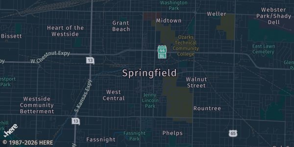 Map of Springfield, MO. The exact address of Allison Sports Town is not known, so the map shows the area rather than a specific building.
