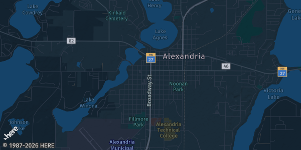Map of Alexandria, MN. The exact address of Broadway Ballroom Event Center is not known, so the map shows the area rather than a specific building.
