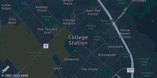 Map of Bryan/College Station, TX. The exact address of Brazos County Expo Complex is not known, so the map shows the area rather than a specific building.
