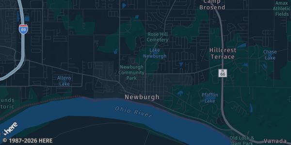 Map of Newburgh, IN. The exact address of Cards Kicks and Collectibles 2026 is not known, so the map shows the area rather than a specific building.