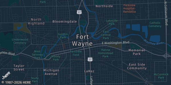Map of Ft. Wayne, IN. The exact address of Cards Kicks and Collectibles 2026 is not known, so the map shows the area rather than a specific building.