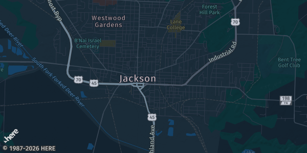 Map of Jackson, TN. The exact address of Jackson State Community College Gym is not known, so the map shows the area rather than a specific building.