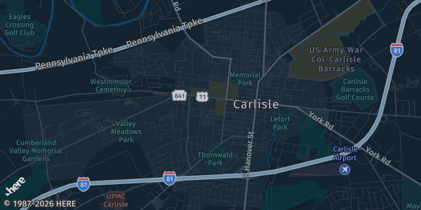 Map of Carlisle, PA. The exact address of Carlisle Comic Con is not known, so the map shows the area rather than a specific building.