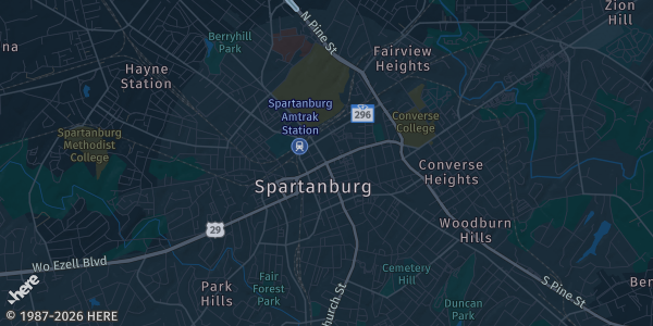 Map of Spartanburg, SC. The exact address of Global Sports is not known, so the map shows the area rather than a specific building.