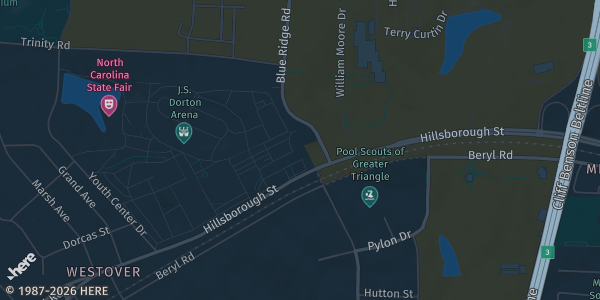 Map showing NC State Fairgrounds in Raleigh, NC.