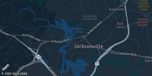 Map of Jacksonville, NC. The exact address of Jacksonville Mall is not known, so the map shows the area rather than a specific building.