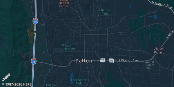 Map of Dalton, GA. The exact address of Dalton Mall is not known, so the map shows the area rather than a specific building.