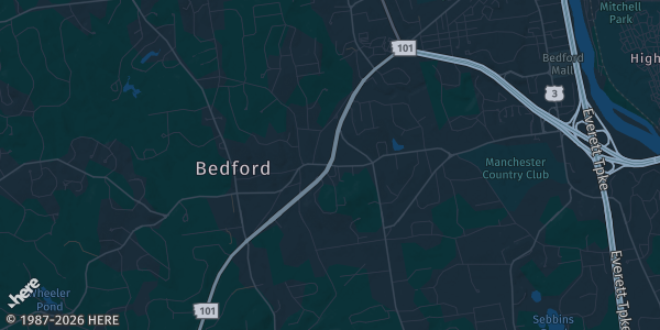 Map of Bedford, NH. The exact address of Murphy's Taproom is not known, so the map shows the area rather than a specific building.
