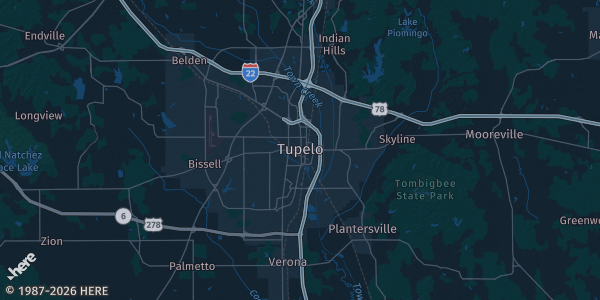 Map of Tupelo, MS. The exact address of this venue is not known, so the map shows the area rather than a specific building.