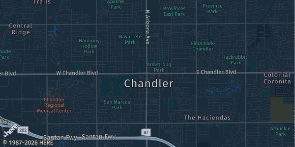 Map of Chandler, AZ. The exact address of Knights of Columbus is not known, so the map shows the area rather than a specific building.