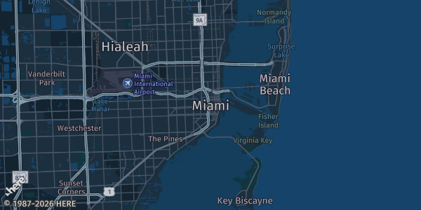 Map of Miami, FL. The exact address of JAM Arena is not known, so the map shows the area rather than a specific building.