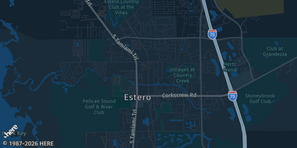 Map of Estero, FL. The exact address of Embassy Suites Fort Myers is not known, so the map shows the area rather than a specific building.
