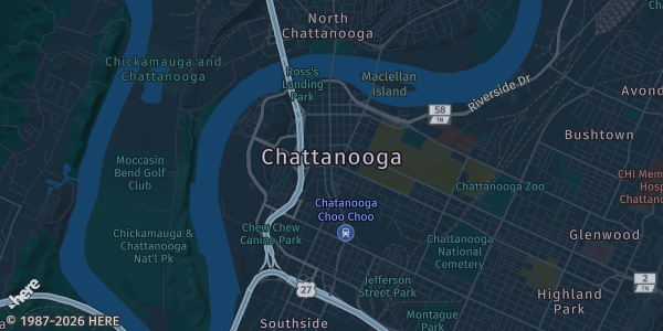 Map of Chattanooga, TN. The exact address of Cgla Hutton Gymnasium is not known, so the map shows the area rather than a specific building.