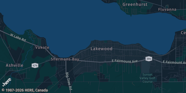Map of Lakewood, NY. The exact address of Chautauqua Mall is not known, so the map shows the area rather than a specific building.