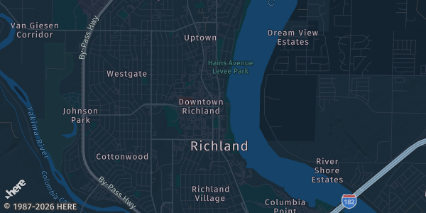 Map of Richland, WA. The exact address of Franklin Apartments Ballroom is not known, so the map shows the area rather than a specific building.