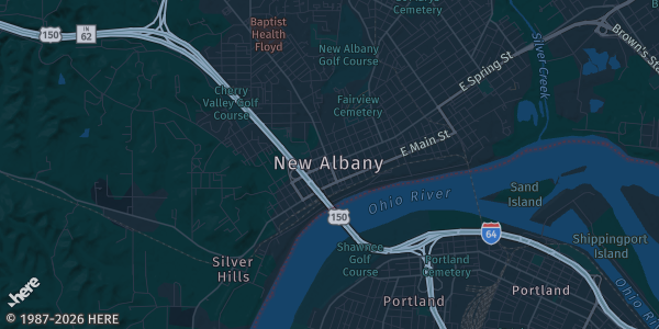 Map of New Albany, IN. The exact address of New Albany Indiana Armory is not known, so the map shows the area rather than a specific building.