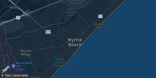 Map of Myrtle Beach, SC. The exact address of Savemore Super Store is not known, so the map shows the area rather than a specific building.