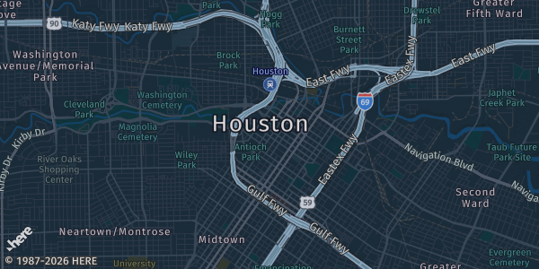 Map of Houston, TX. The exact address of George R. Brown Convention Center – Hall B is not known, so the map shows the area rather than a specific building.