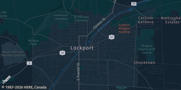 Map of Lockport, NY. The exact address of Three Ws TCG & More is not known, so the map shows the area rather than a specific building.