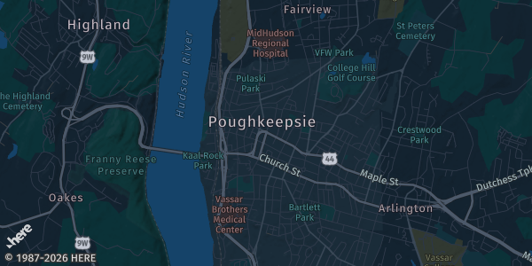 Map of Poughkeepsie, NY. The exact address of Poughkeepsie Galleria Mall is not known, so the map shows the area rather than a specific building.