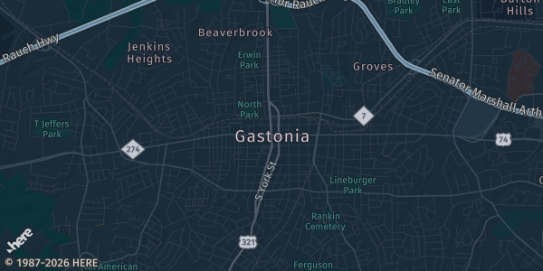 Map of Gastonia, NC. The exact address of Gastonian Halls is not known, so the map shows the area rather than a specific building.