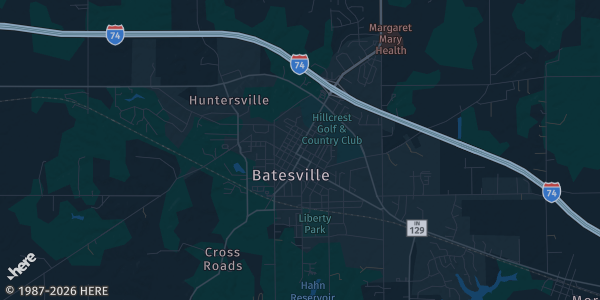 Map of Batesville, IN. The exact address of Batesville Middle School Gymnasium is not known, so the map shows the area rather than a specific building.