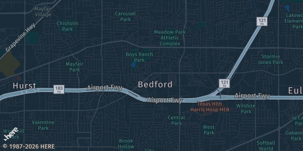 Map of Bedford, TX. The exact address of Bedford Center YMCA is not known, so the map shows the area rather than a specific building.