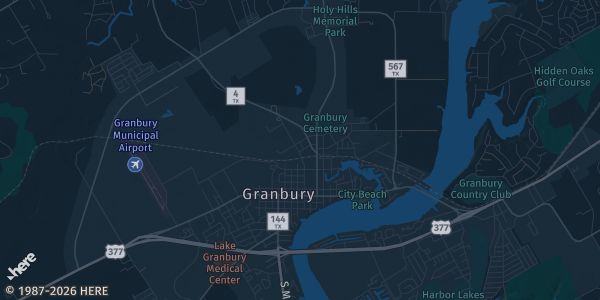 Map of Granbury, TX. The exact address of Hood County YMCA is not known, so the map shows the area rather than a specific building.
