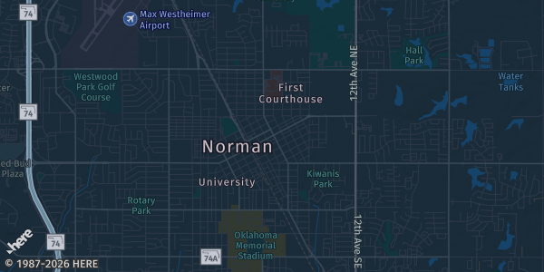 Map of Norman, OK. The exact address of Norman Community Event Space is not known, so the map shows the area rather than a specific building.