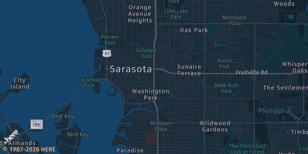 Map of Sarasota, FL. The exact address of Sarasota Fairgrounds Potter Bldg is not known, so the map shows the area rather than a specific building.