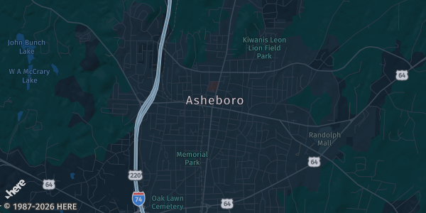 Map of Asheboro, NC. The exact address of Randolph County Agriculture Center is not known, so the map shows the area rather than a specific building.