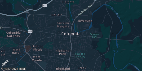 Map of Columbia, TN. The exact address of Columbia National Guard Armory is not known, so the map shows the area rather than a specific building.